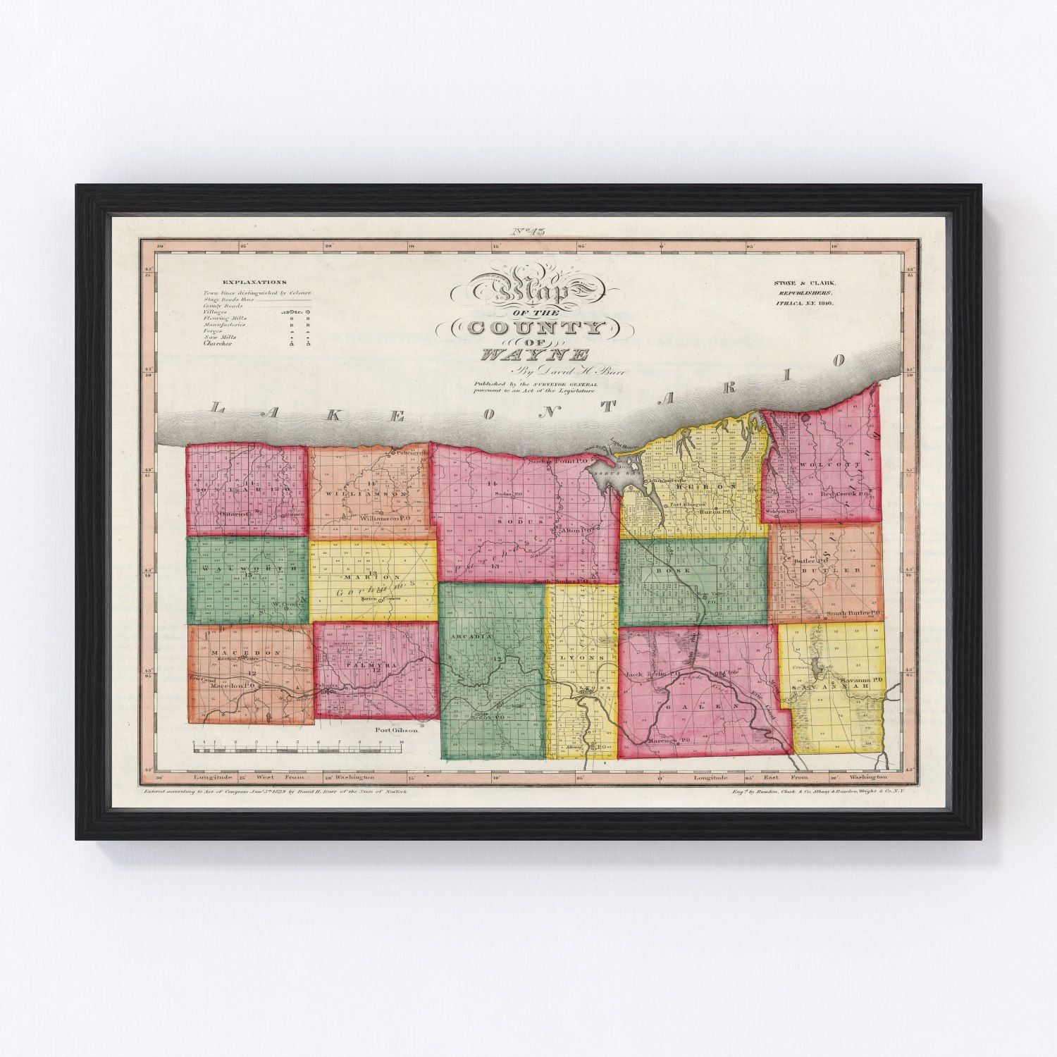 Vintage map of Wayne County, New York, 1840 - Erie Canal era restored print