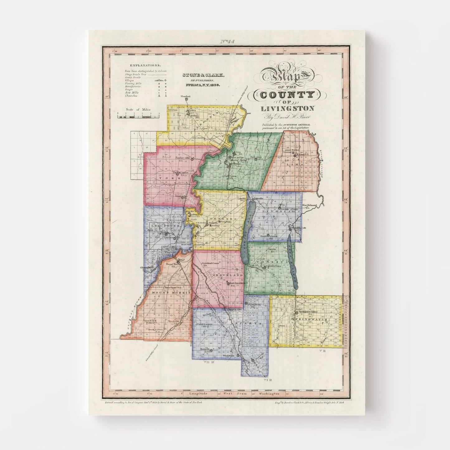 Vintage Map of Livingston County, New York, 1840