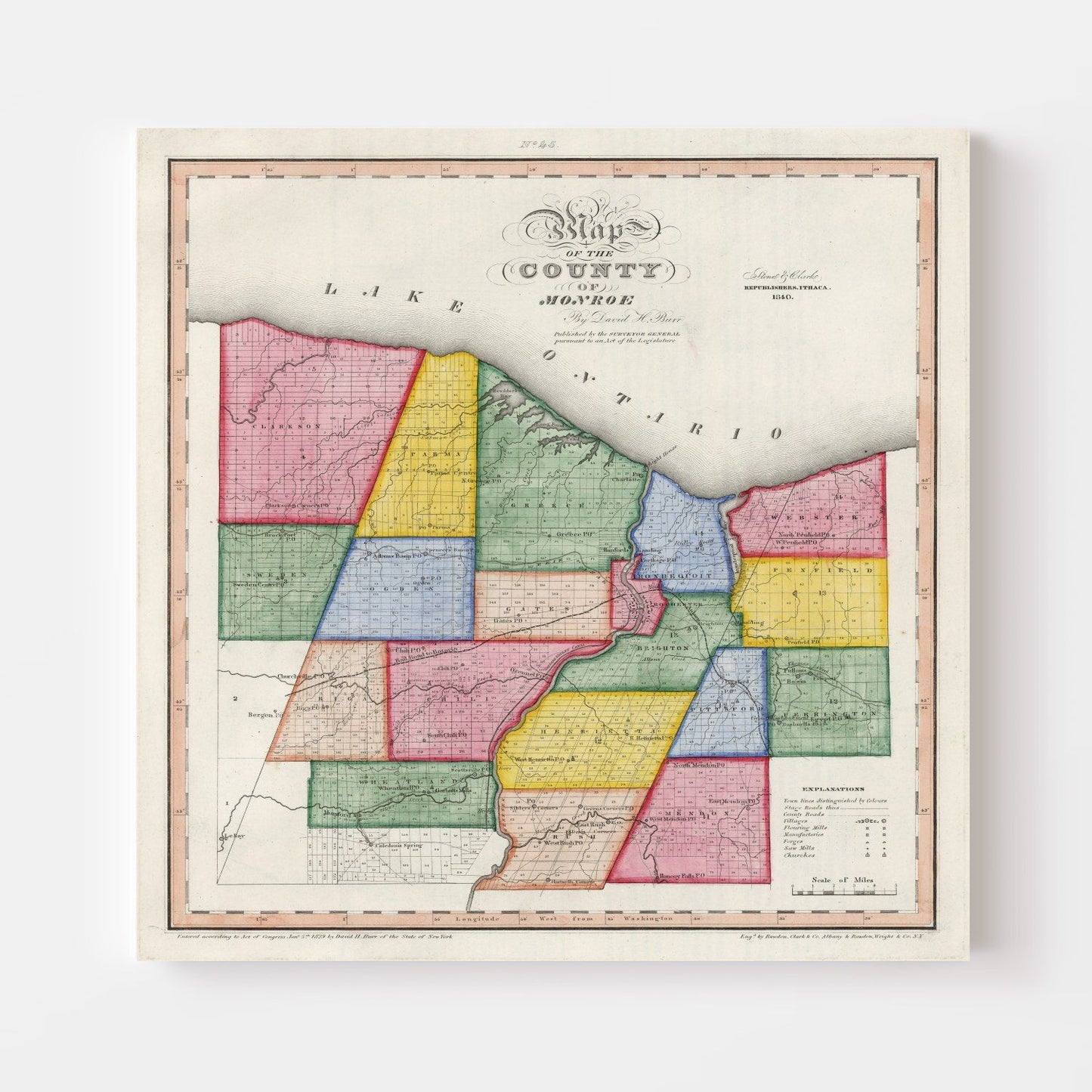 Vintage Map of Monroe County, New York, 1840