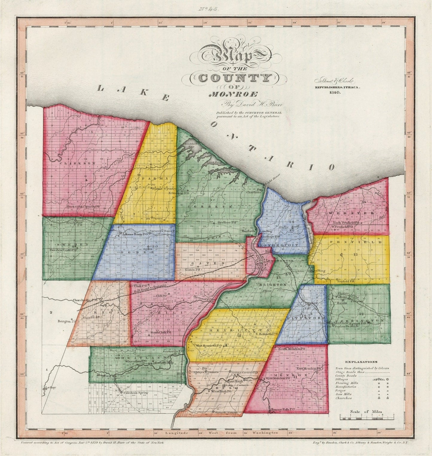 Vintage Map of Monroe County, New York, 1840