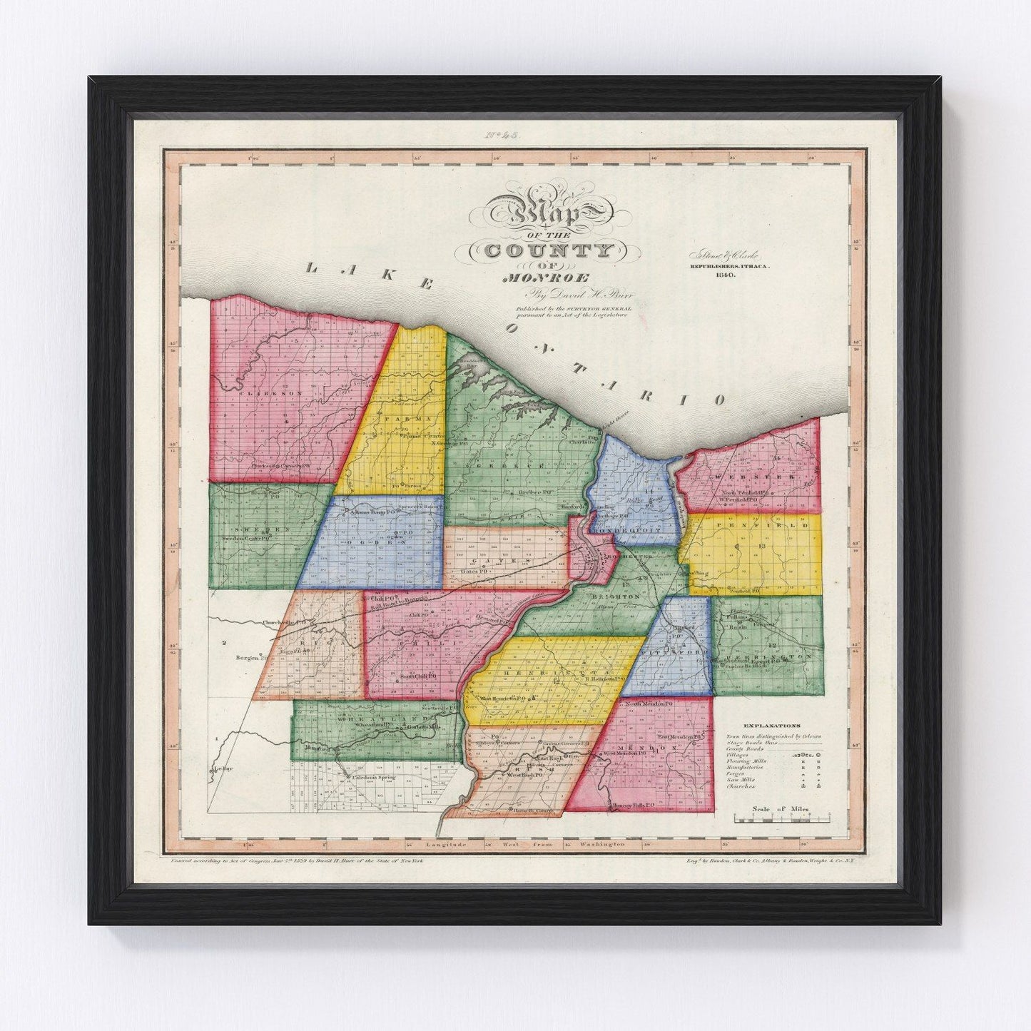 vintage map of Monroe County, New York, Rochester and Brighton, 1840