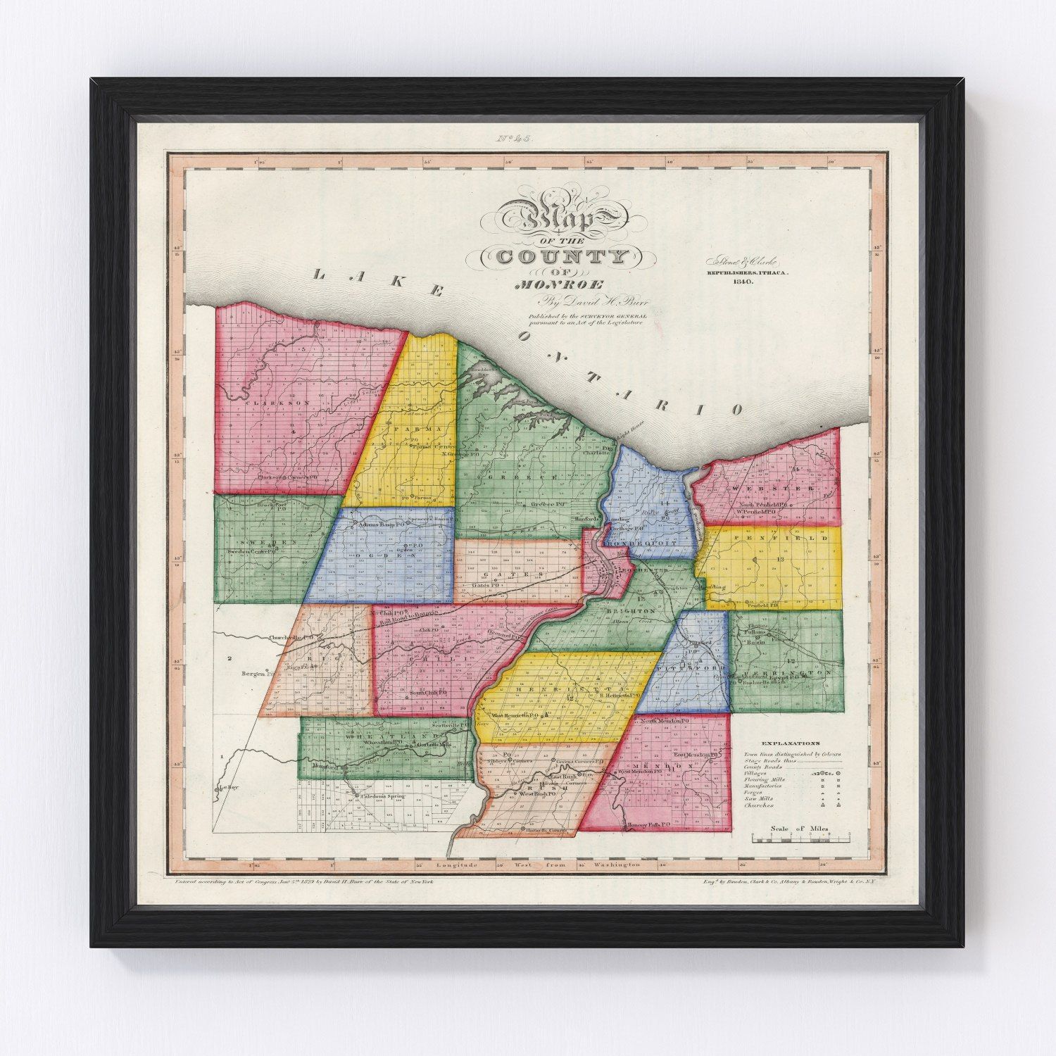 vintage map of Monroe County, New York, Rochester and Brighton, 1840
