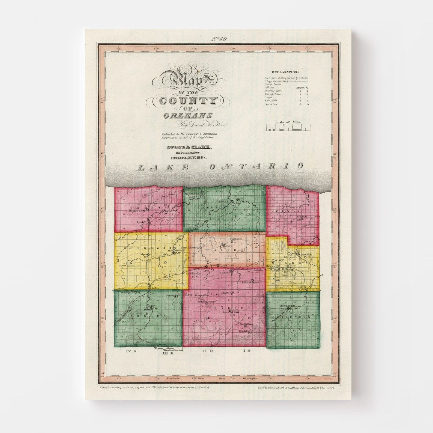 Vintage Map of Orleans County, New York, 1840