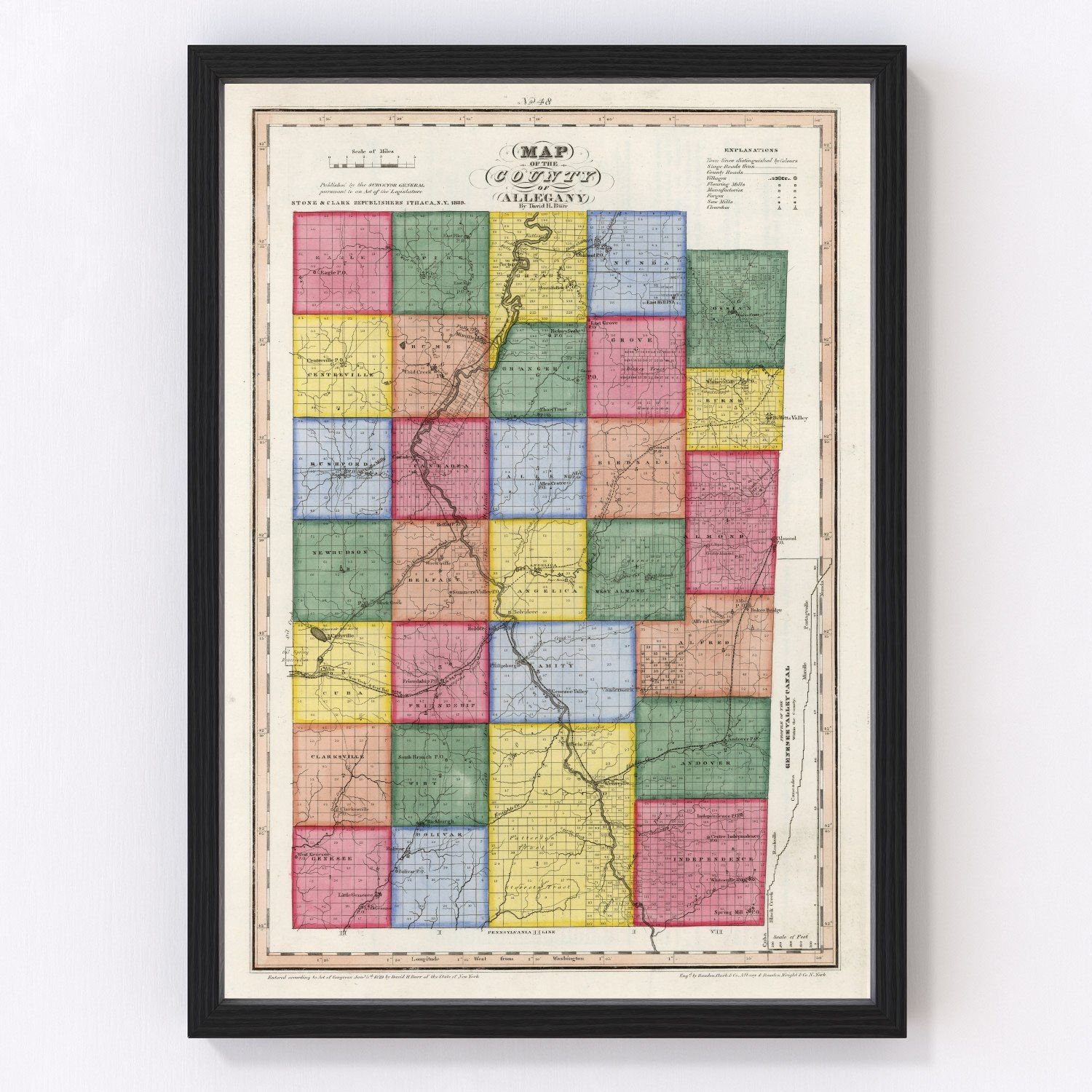 Vintage map of Allegany County, New York, 1840, digitally restored print