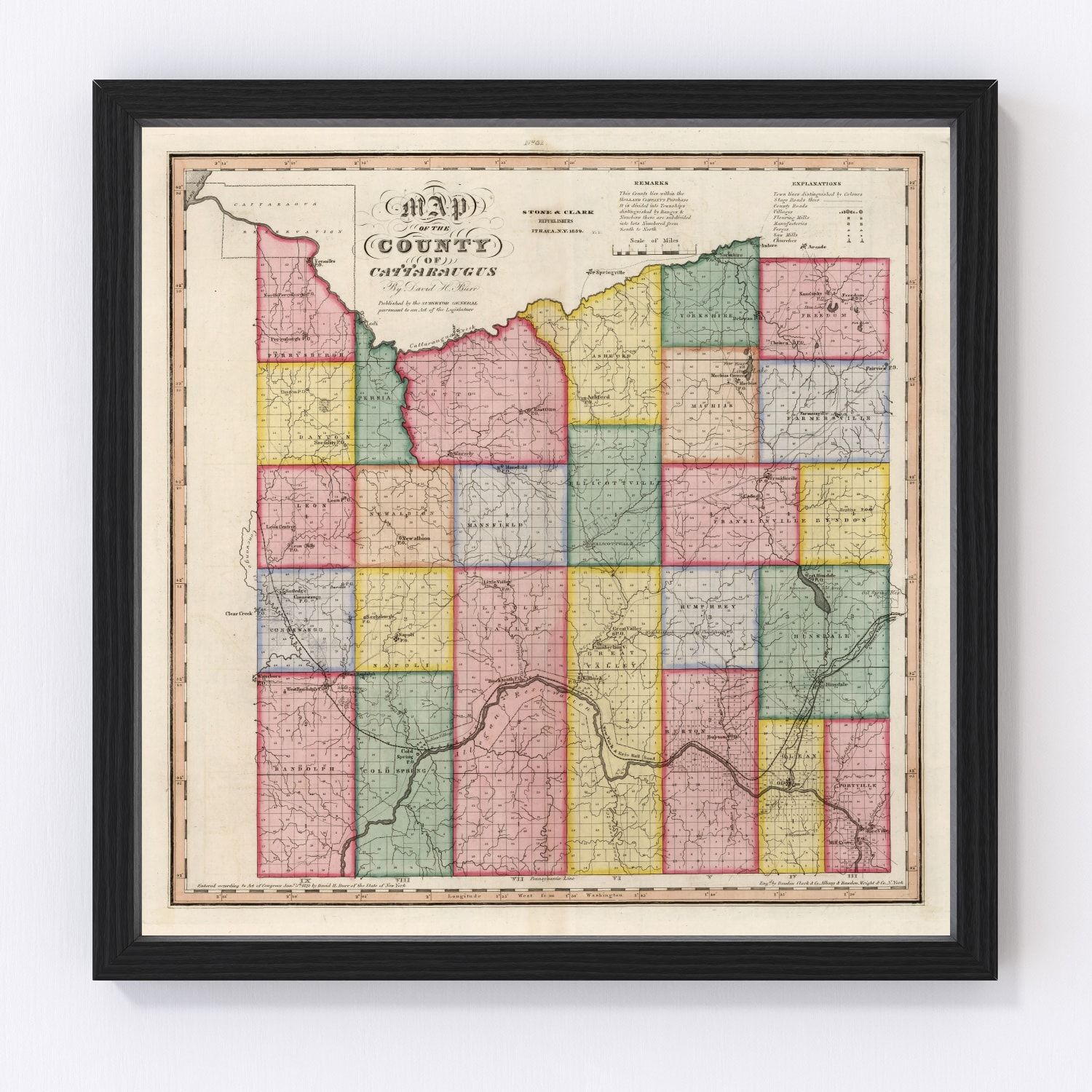 Vintage map of Cattaraugus County, New York, 1839, restored vintage wall art print