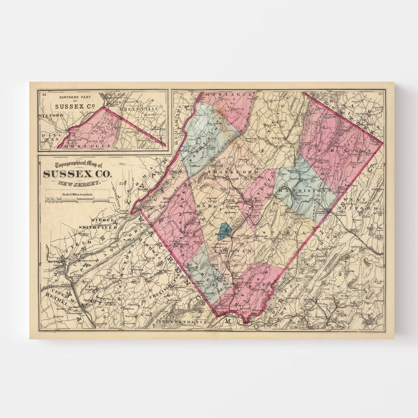 Vintage Map of Sussex County, New Jersey, 1872