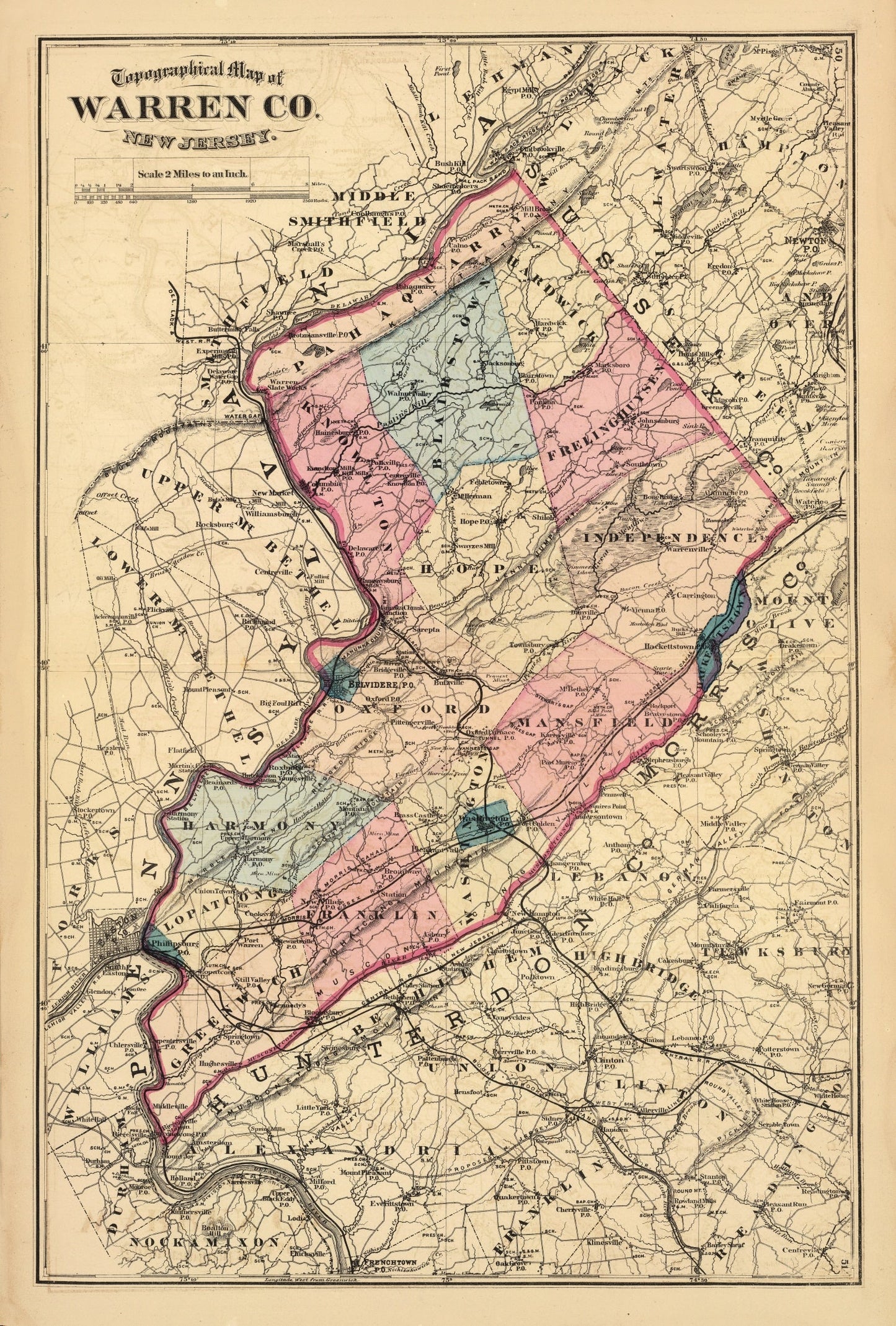 Vintage Map of Warren County, New Jersey, 1872