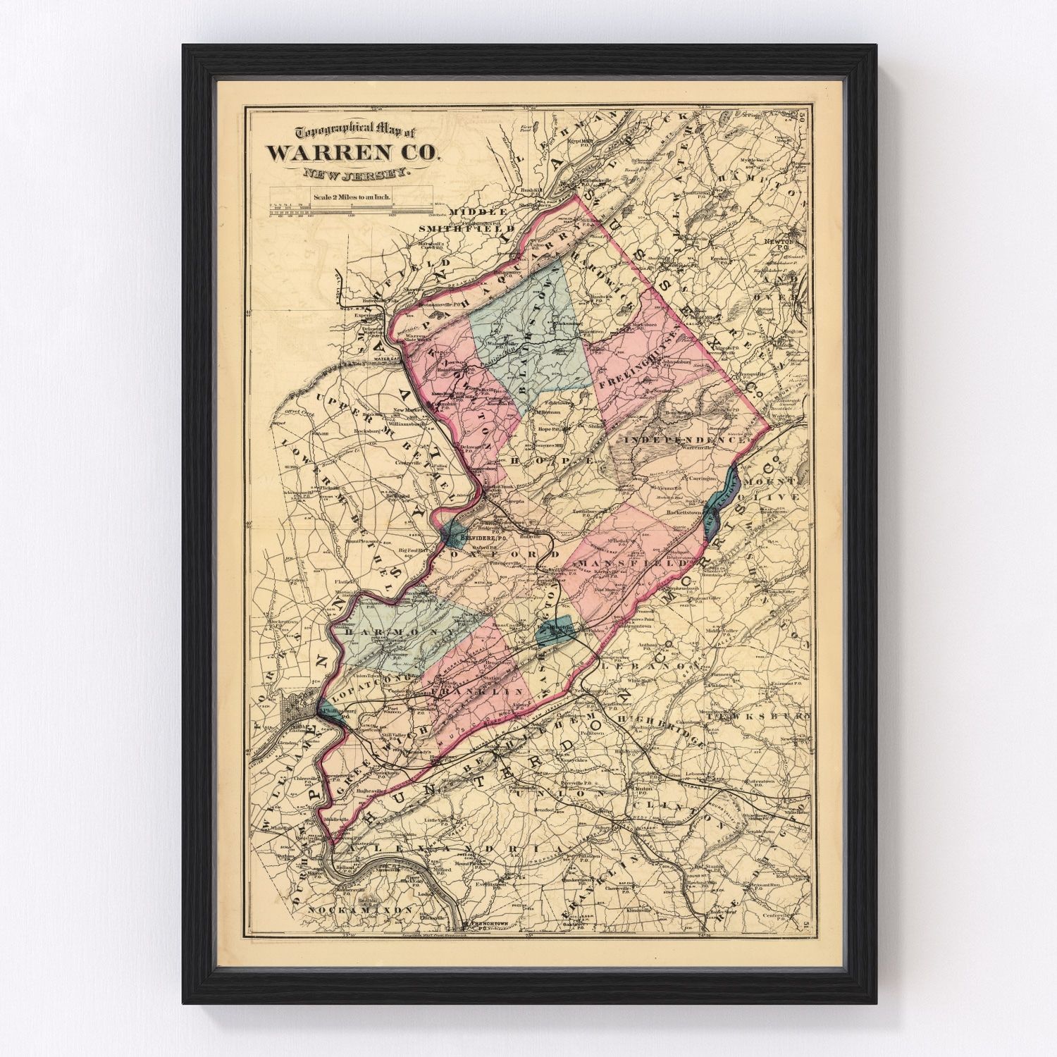 Vintage map of Warren County, New Jersey, 1872, digitally restored