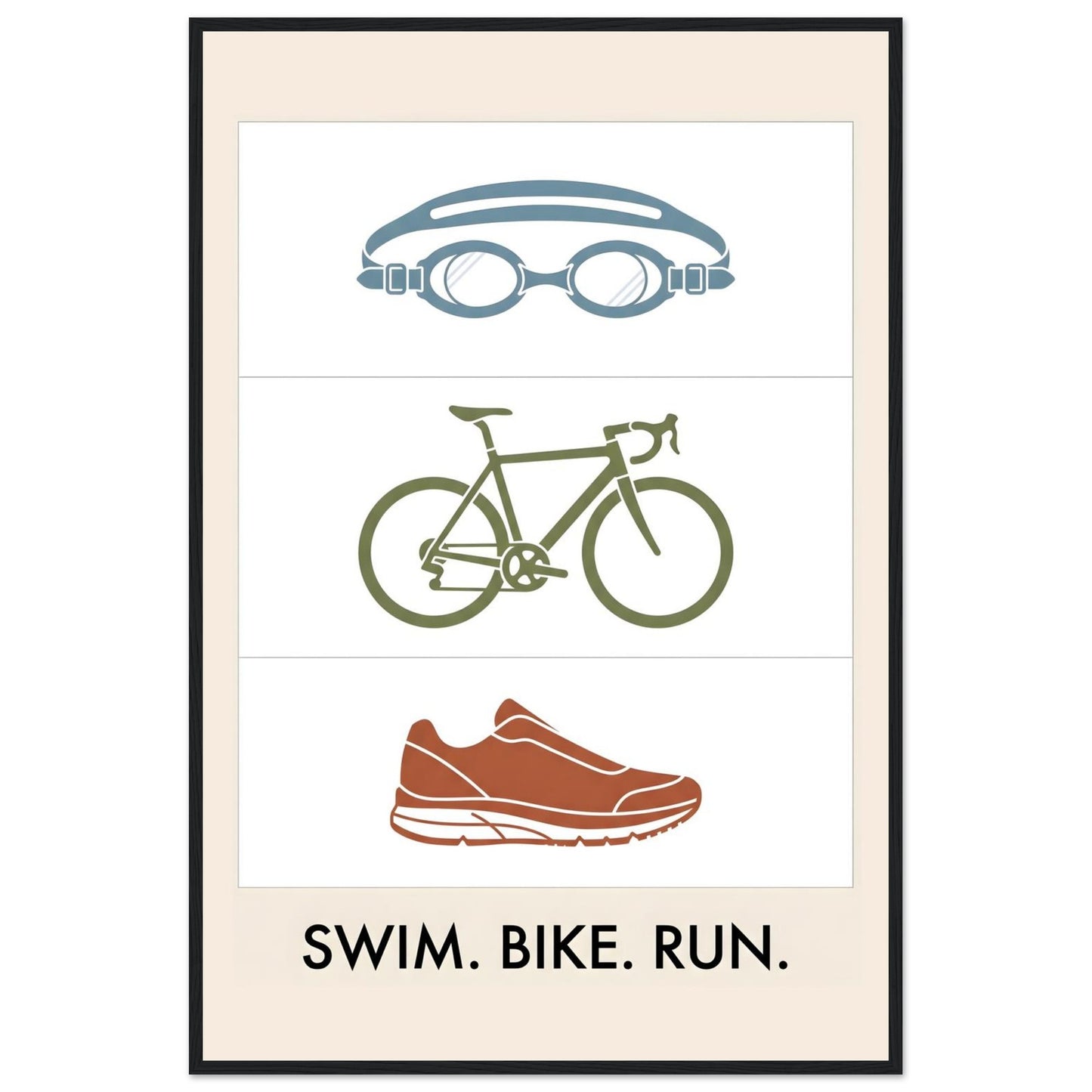 Swim Bike Run Poster: Minimalist Triathlon Icons Wall Art - 60x90 cm / 24x36″ - Black frame / Ready-to-hang - Sparkycare