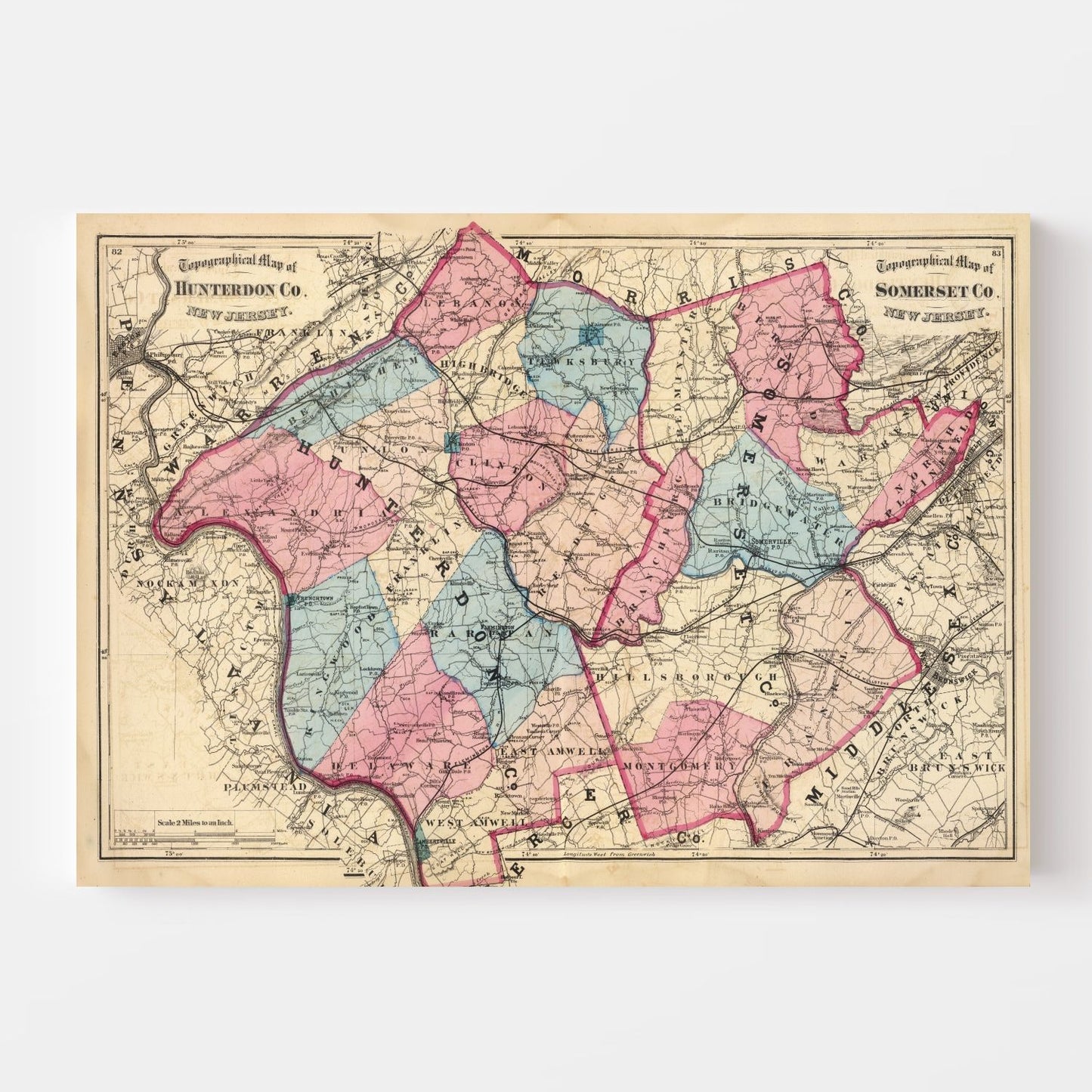 Vintage Map of Hunterdon County, New Jersey, 1872
