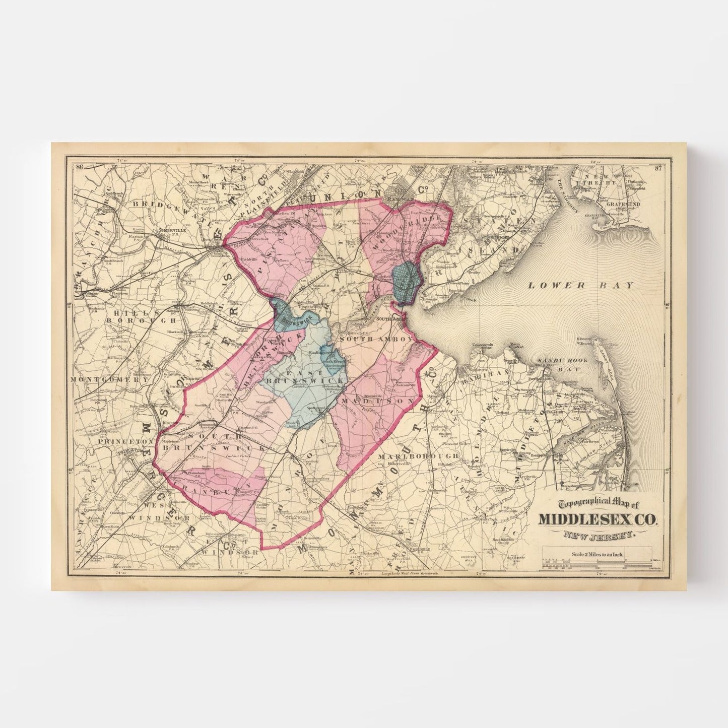 Vintage Map of Middlesex County, New Jersey, 1872