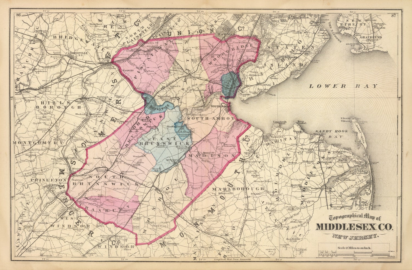 Vintage Map of Middlesex County, New Jersey, 1872