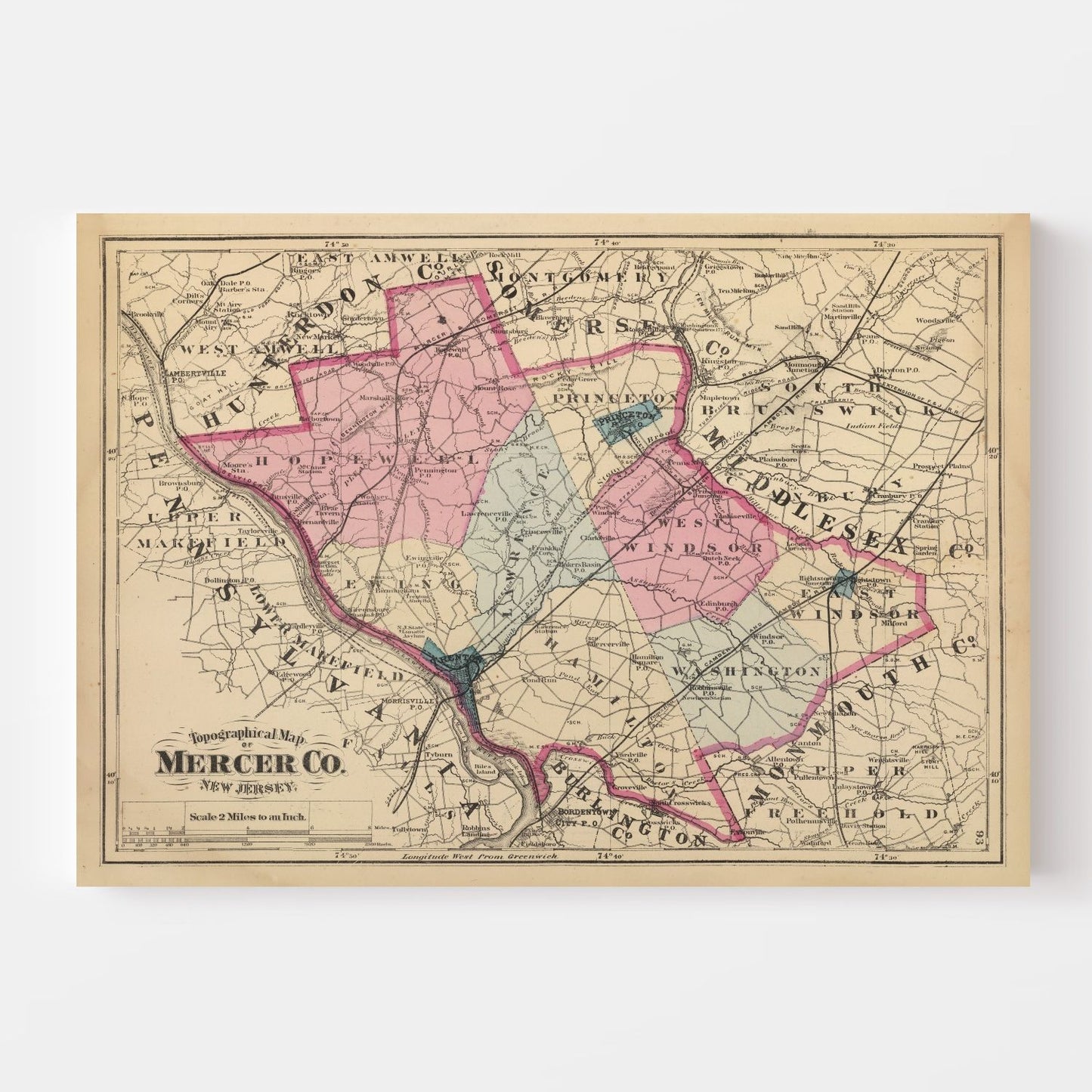 Vintage Map of Mercer County, New Jersey, 1872