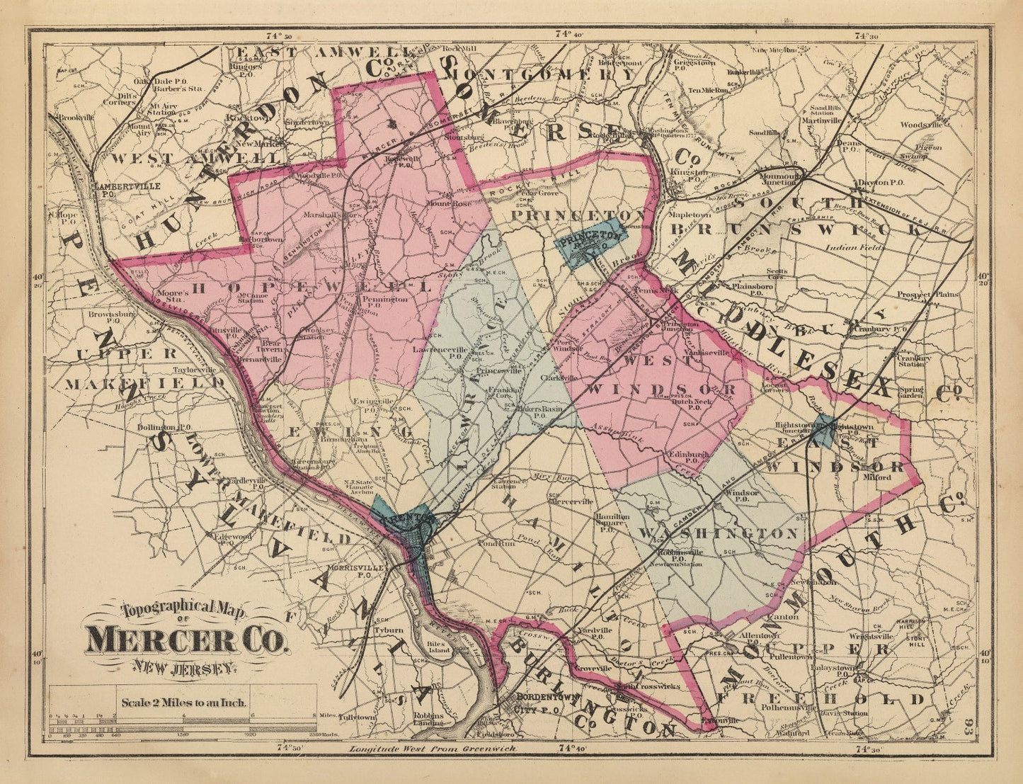 Vintage Map of Mercer County, New Jersey, 1872