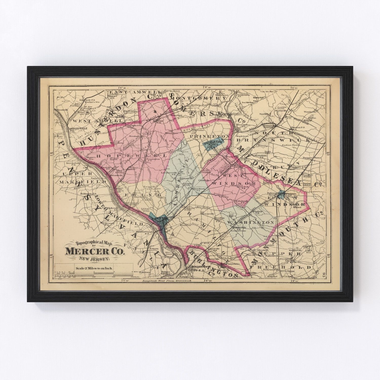 Vintage map of Mercer County, New Jersey, 1872