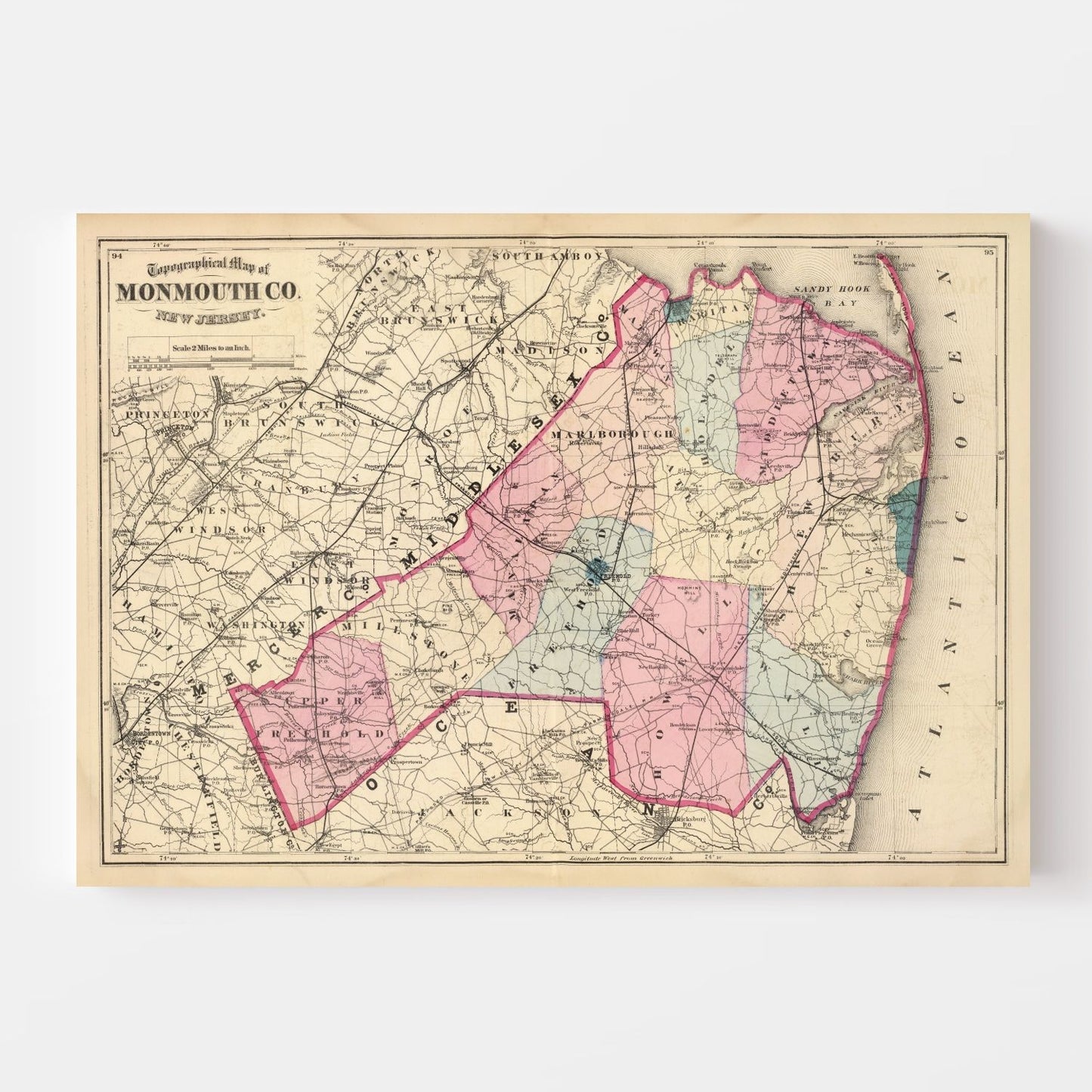 Vintage Map of Monmouth County, New Jersey, 1872