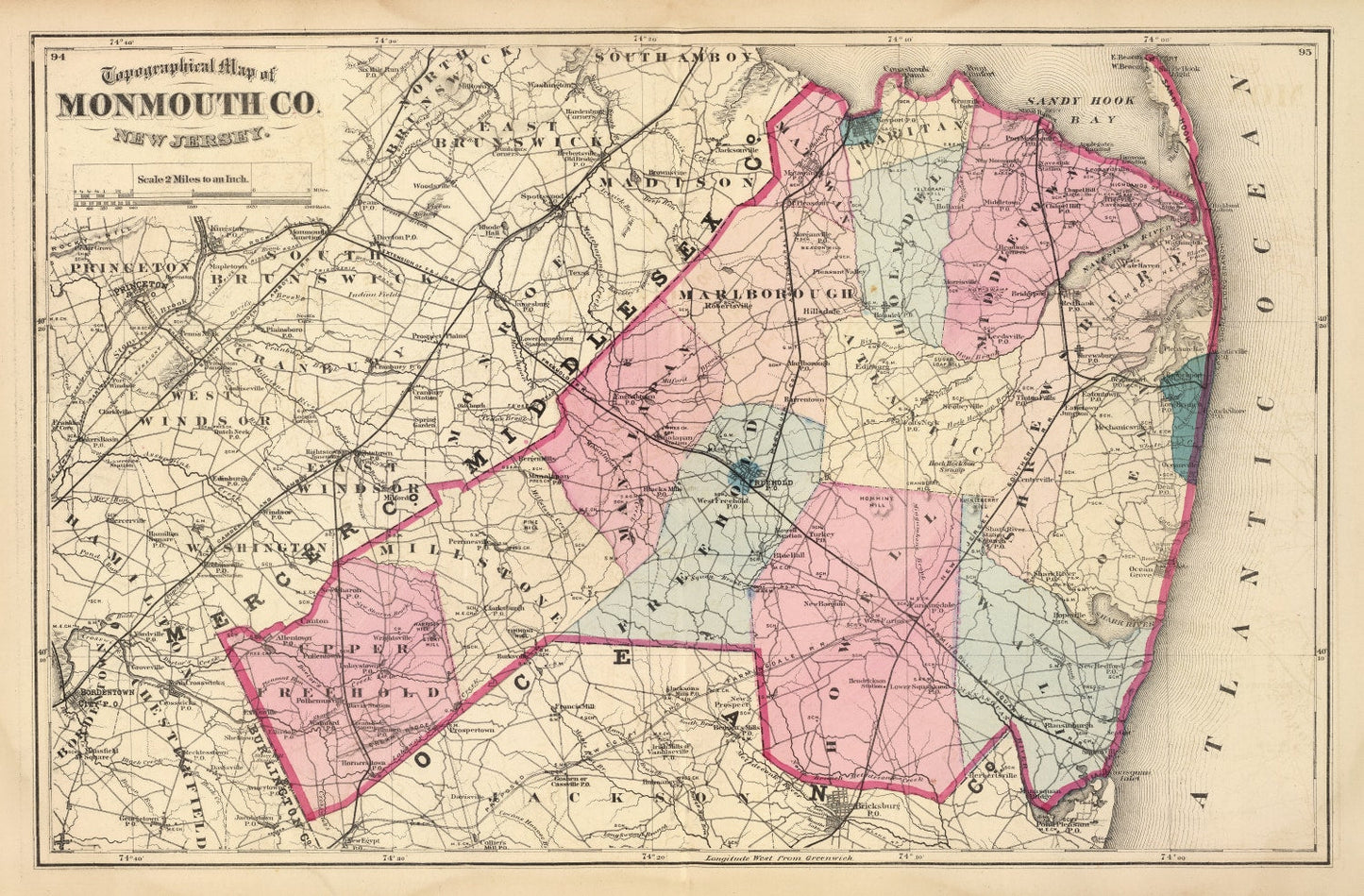 Vintage Map of Monmouth County, New Jersey, 1872
