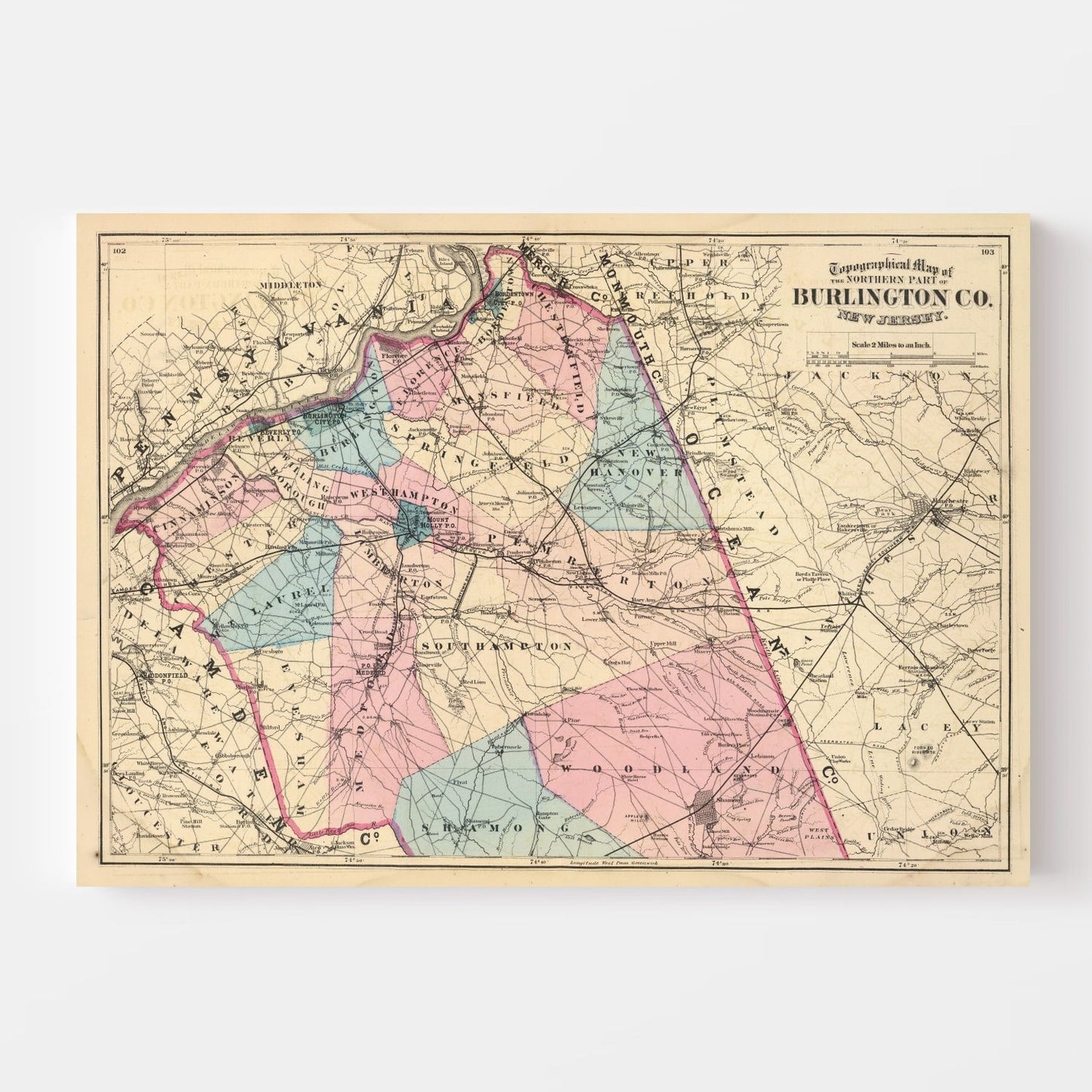 Vintage Map of Burlington County, New Jersey, 1872 - Print