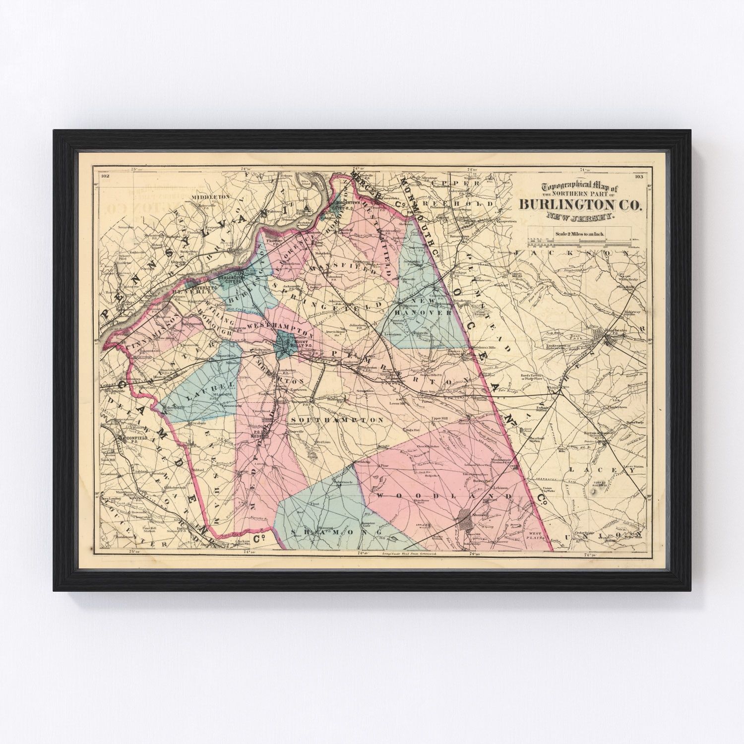 Vintage map of Burlington County, New Jersey, 1872, restored print