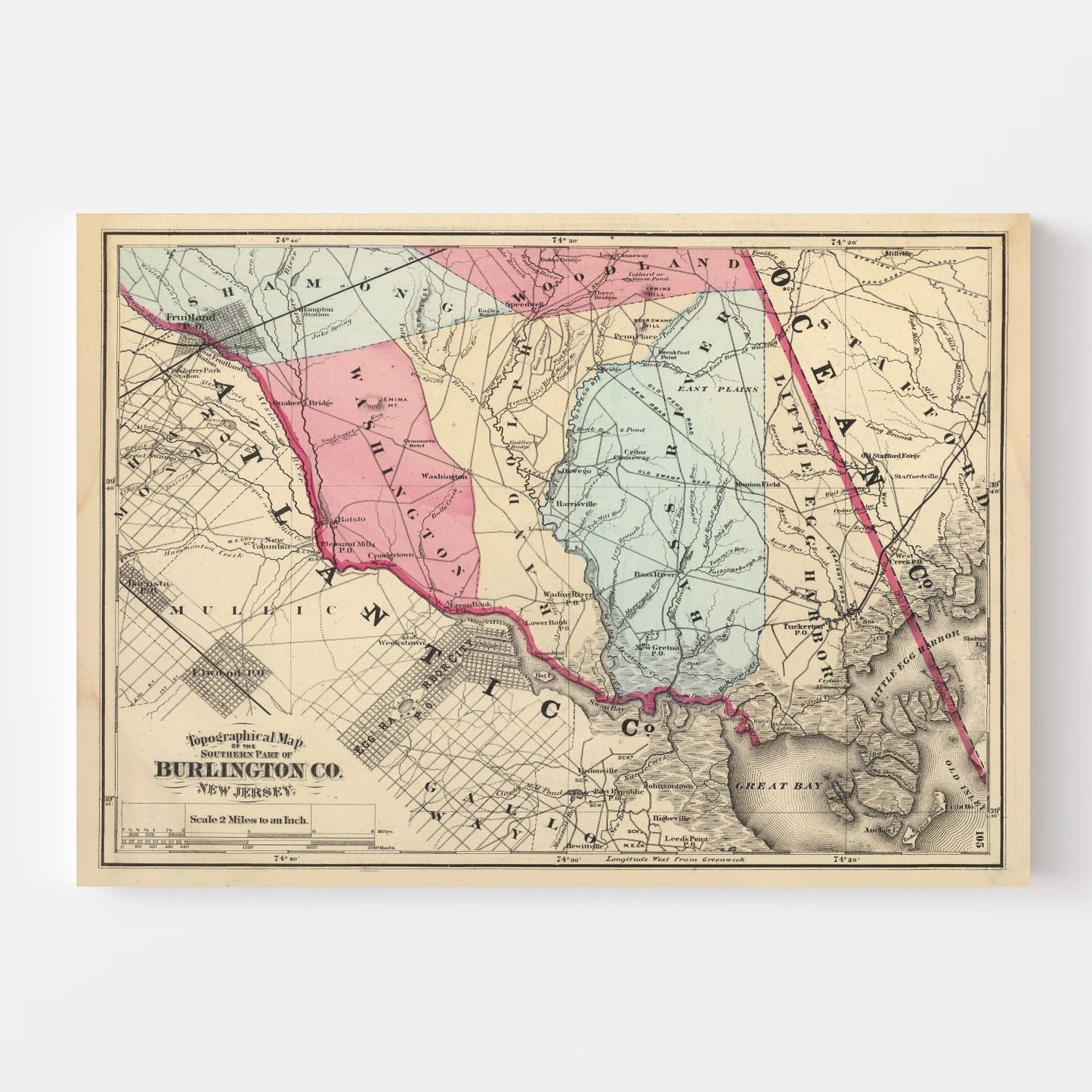 Vintage Map of Burlington County, New Jersey, 1872