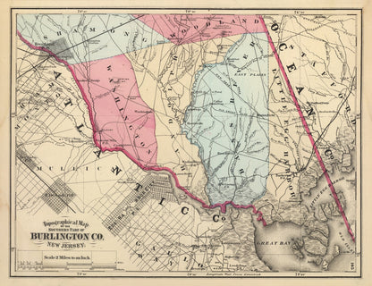 Vintage Map of Burlington County, New Jersey, 1872