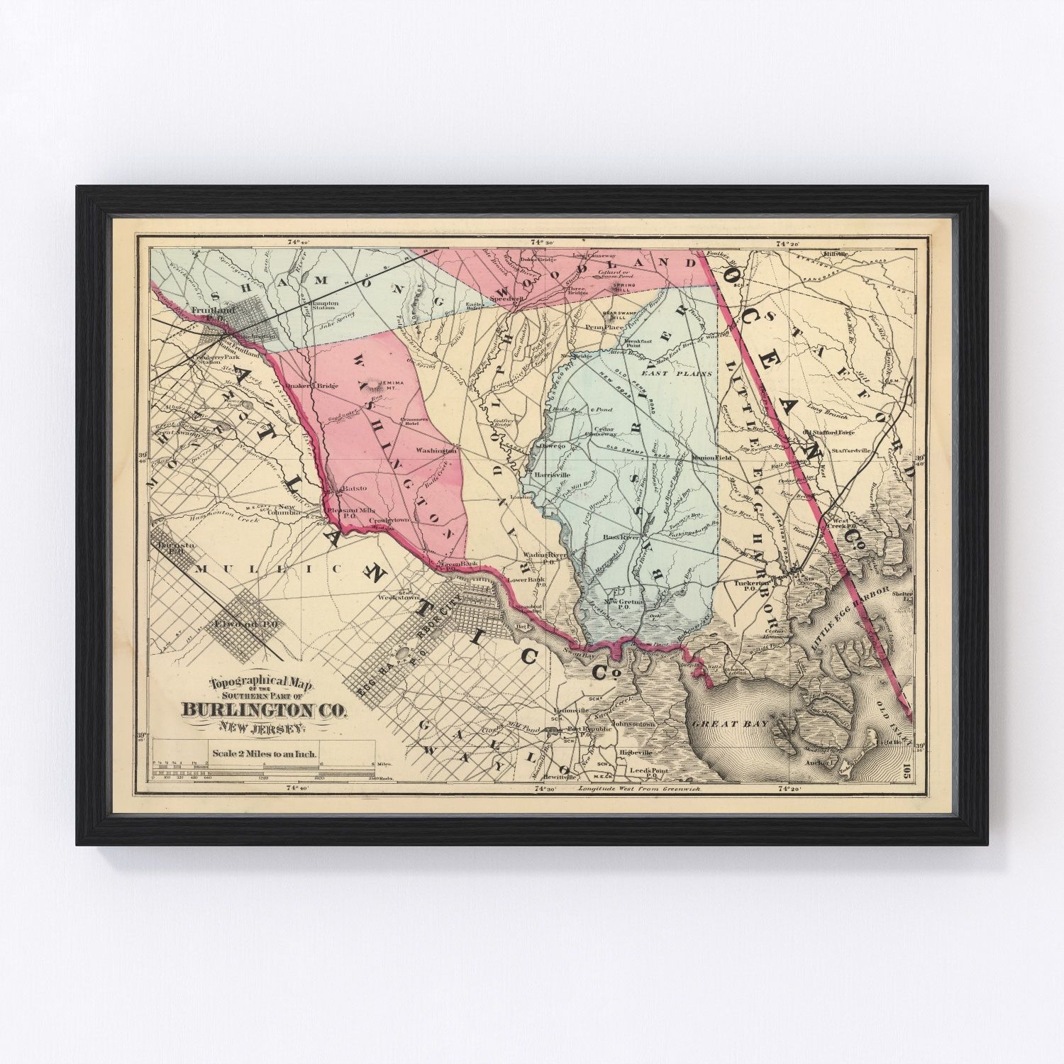 Vintage map of Burlington County, New Jersey, 1872, Mount Holly Medford