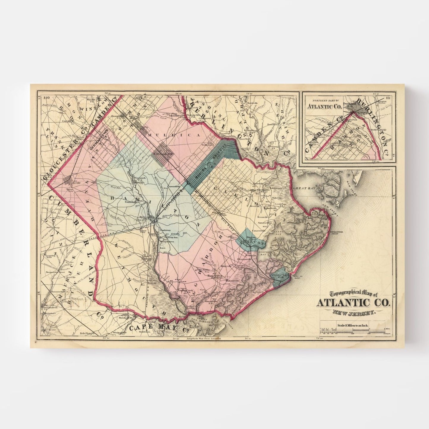 Vintage Map of Atlantic County, New Jersey, 1872