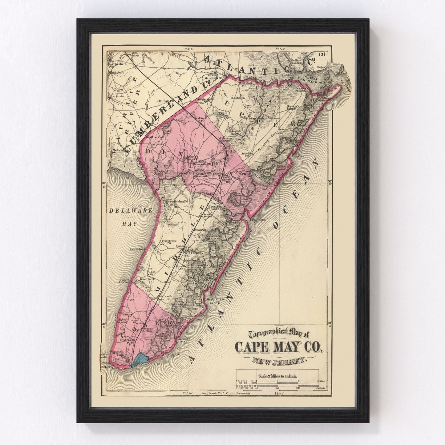 Vintage map of Cape May County, New Jersey, 1872, barrier beaches