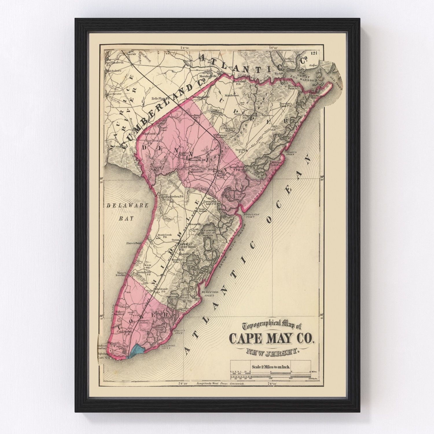 Vintage map of Cape May County, New Jersey, 1872, barrier beaches