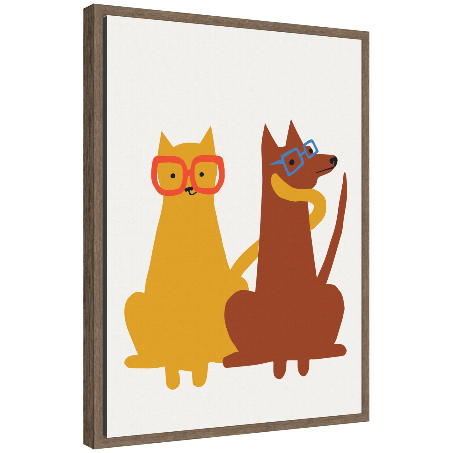 Farm cat and dog framed canvas wall art in a modern frame