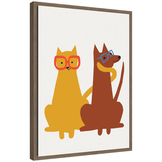 Farm cat and dog framed canvas wall art in a modern frame