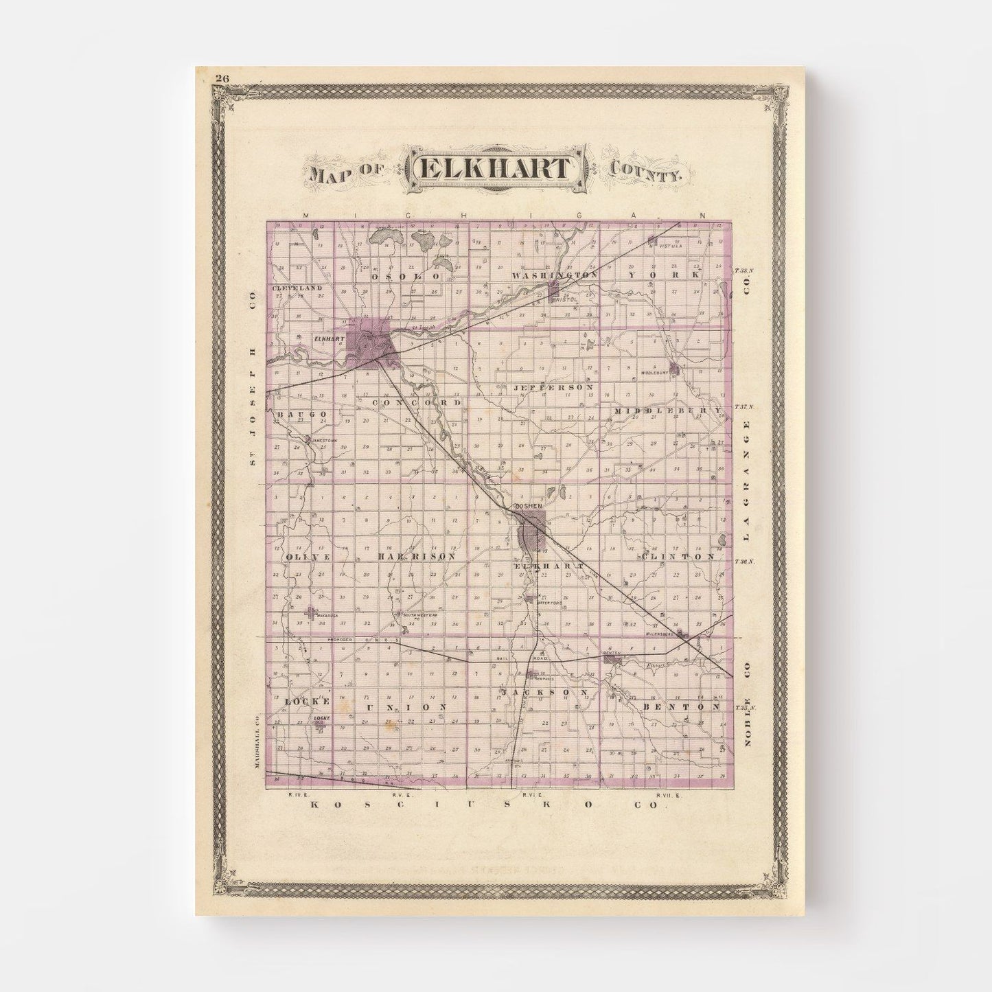 Vintage Map of Elkhart County, Indiana 1876