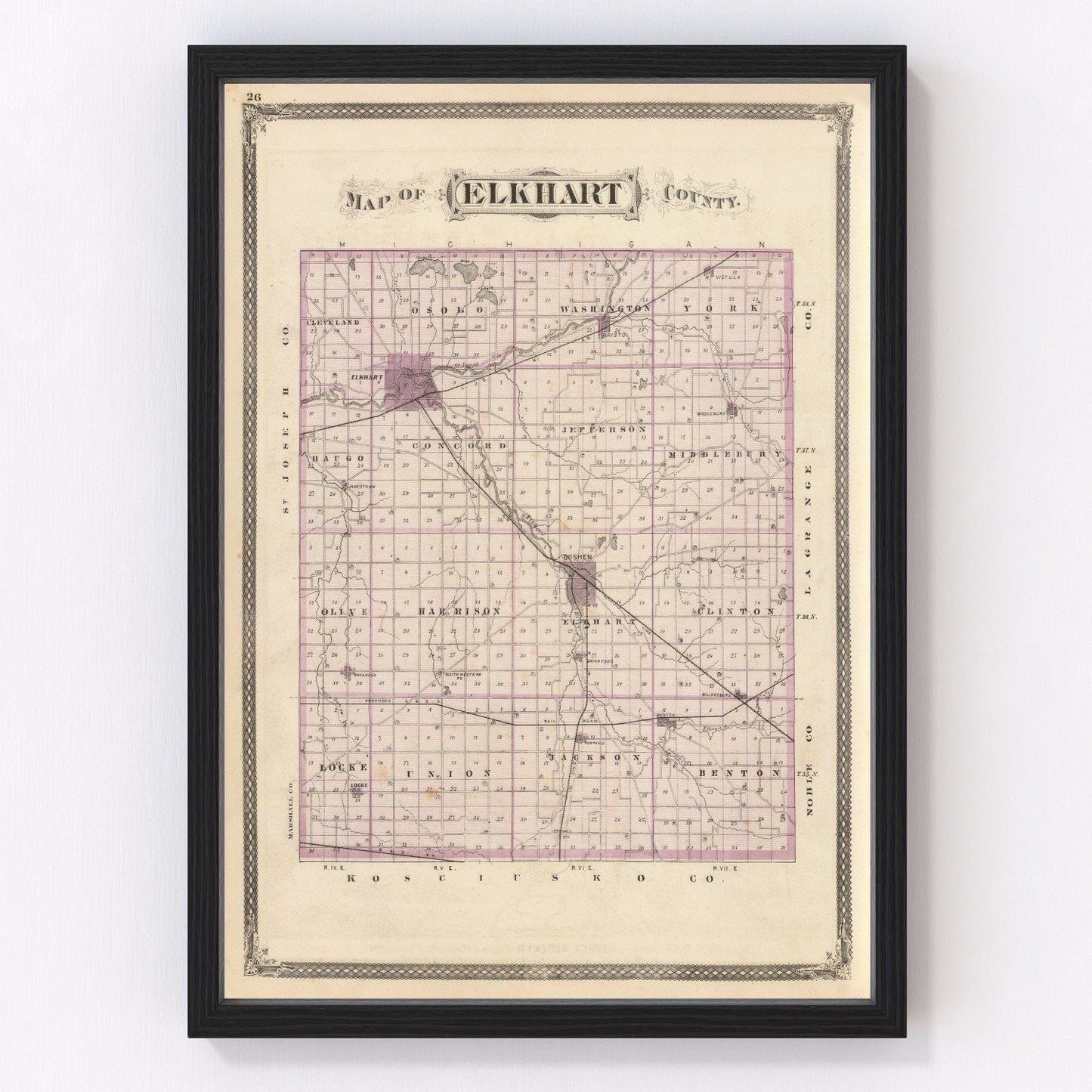 Vintage restored map of Elkhart County, Indiana, 1876, centennial-year township cartography