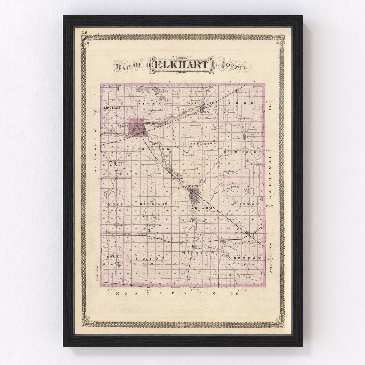 Vintage restored map of Elkhart County, Indiana, 1876, centennial-year township cartography