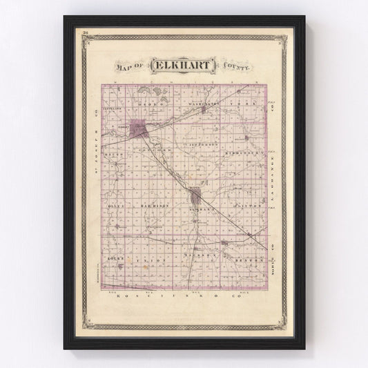 Vintage restored map of Elkhart County, Indiana, 1876, centennial-year township cartography