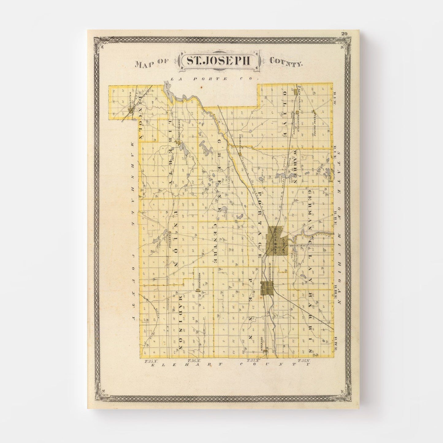 Vintage Map of St. Joseph County, Indiana, 1876