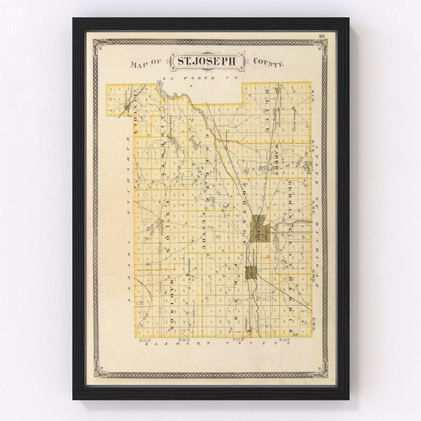 Vintage map of St. Joseph County, Indiana, 1876