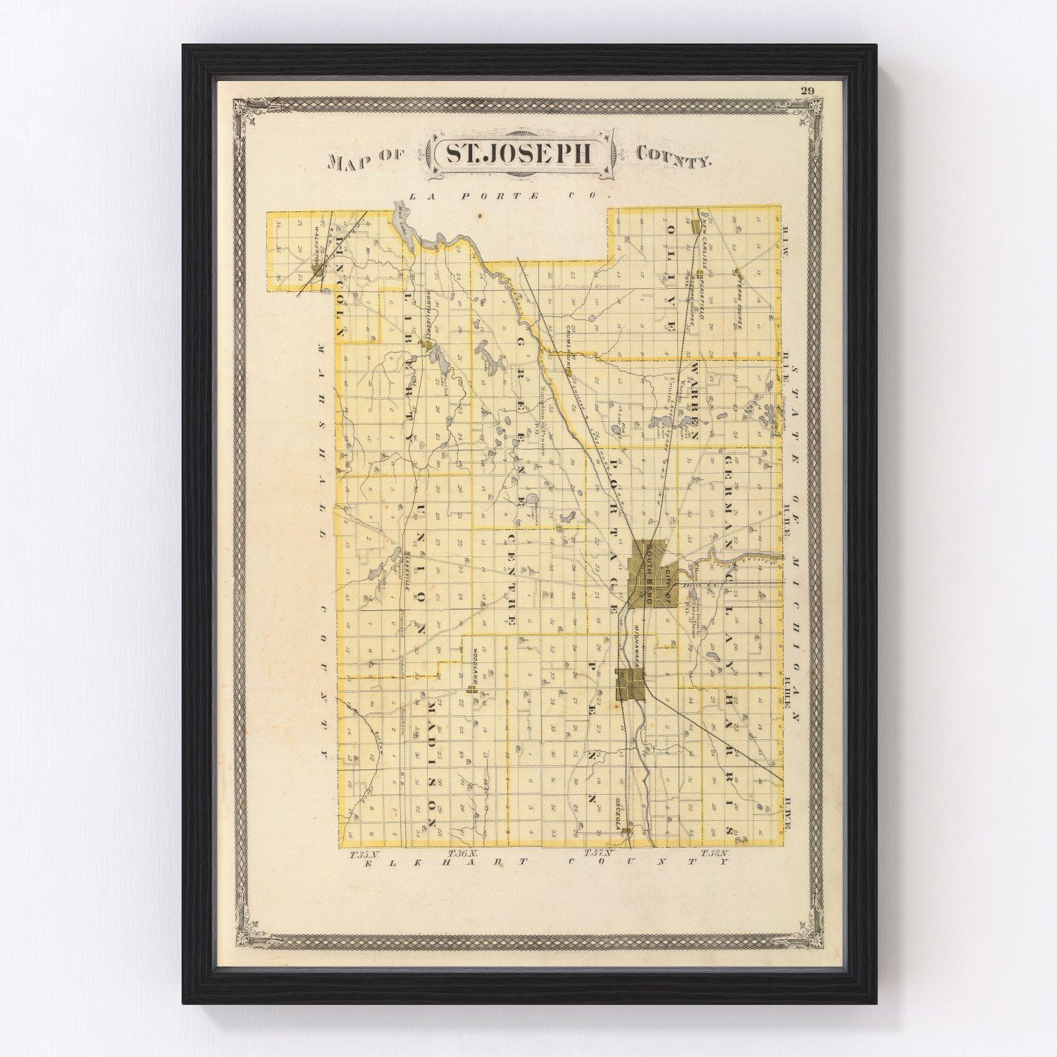 Vintage map of St. Joseph County, Indiana, 1876