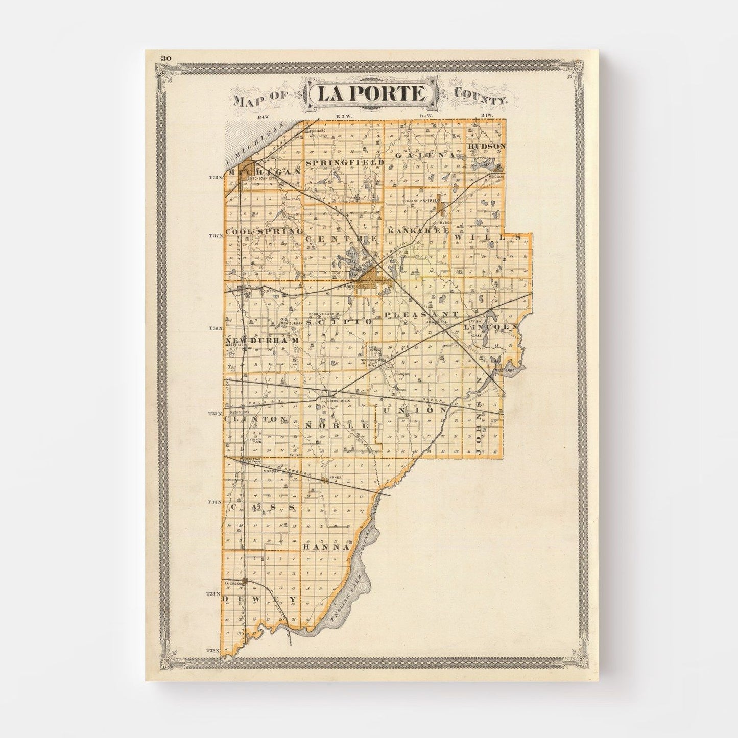 Vintage Map of La Porte County, Indiana, 1876