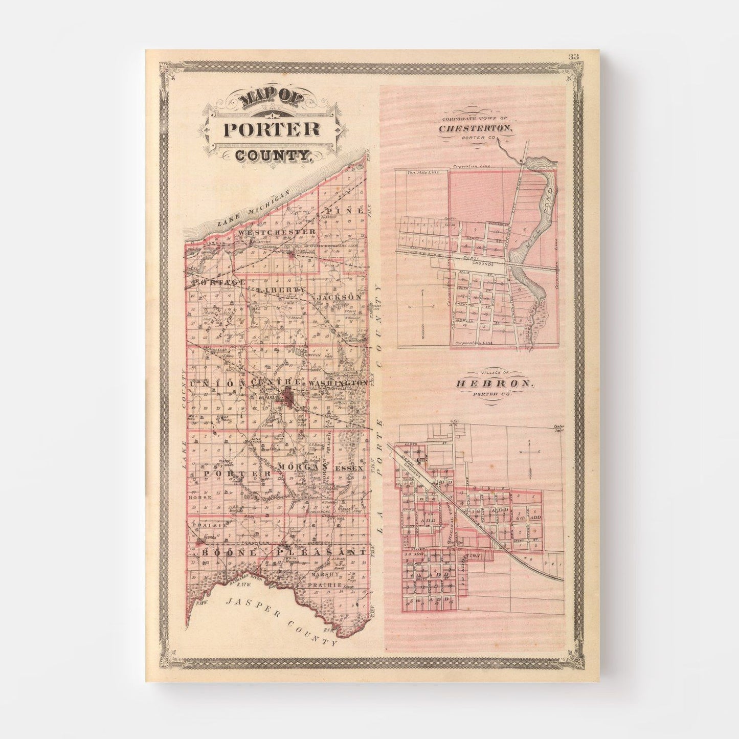Vintage Map of Porter County, Indiana, 1876