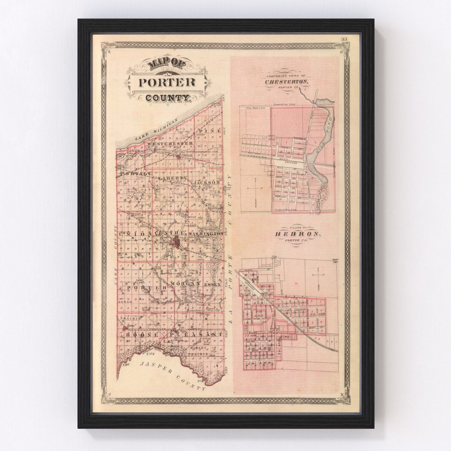 Vintage map of Porter County, Indiana, 1876