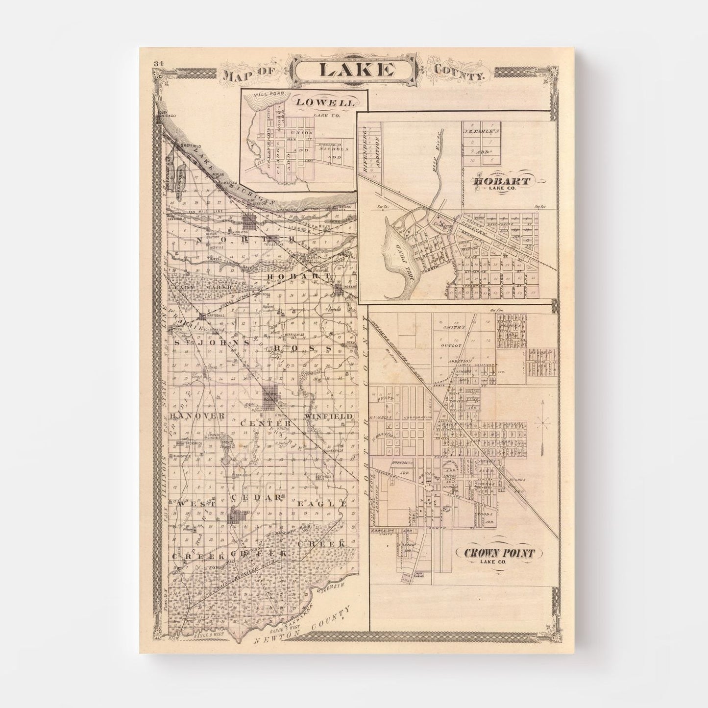 Vintage Map of Lake County, Indiana, 1876
