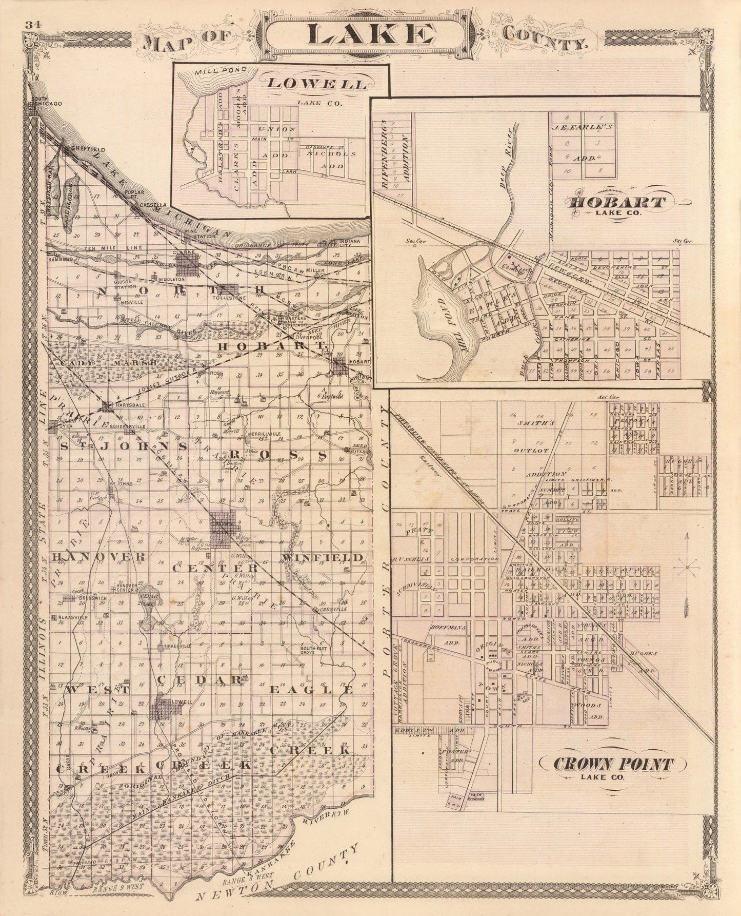 Vintage Map of Lake County, Indiana, 1876