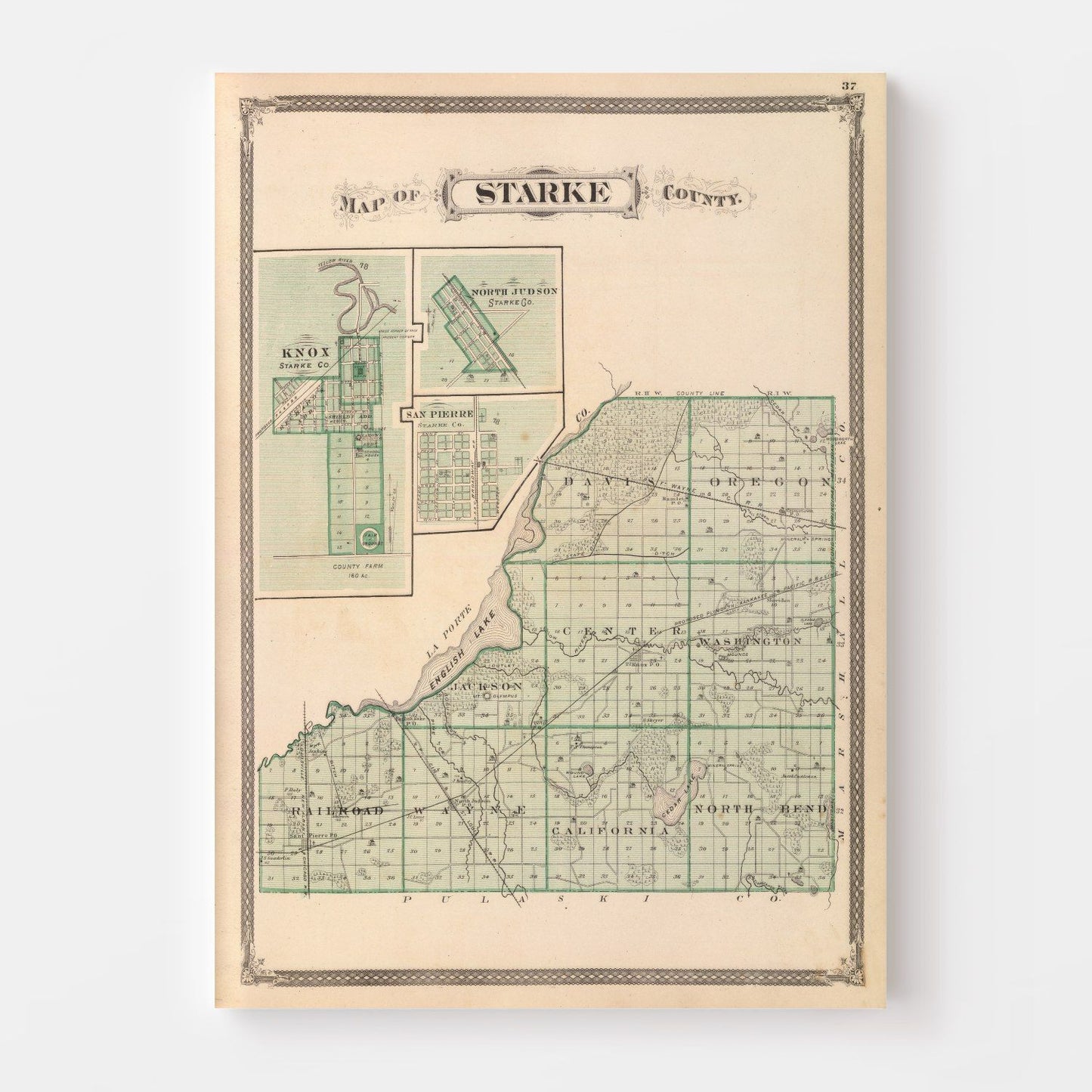Vintage Map of Starke County, Indiana, 1876