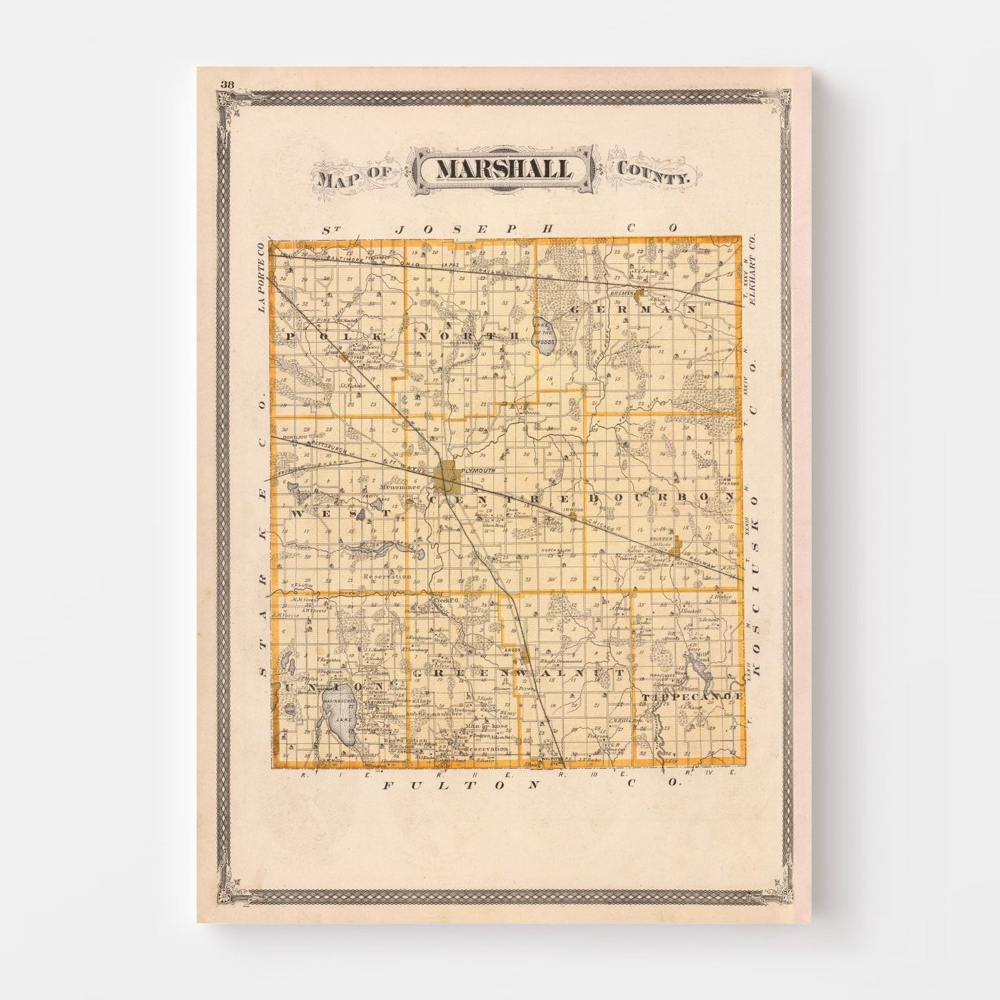 Vintage Map of Marshall County, Indiana, 1876