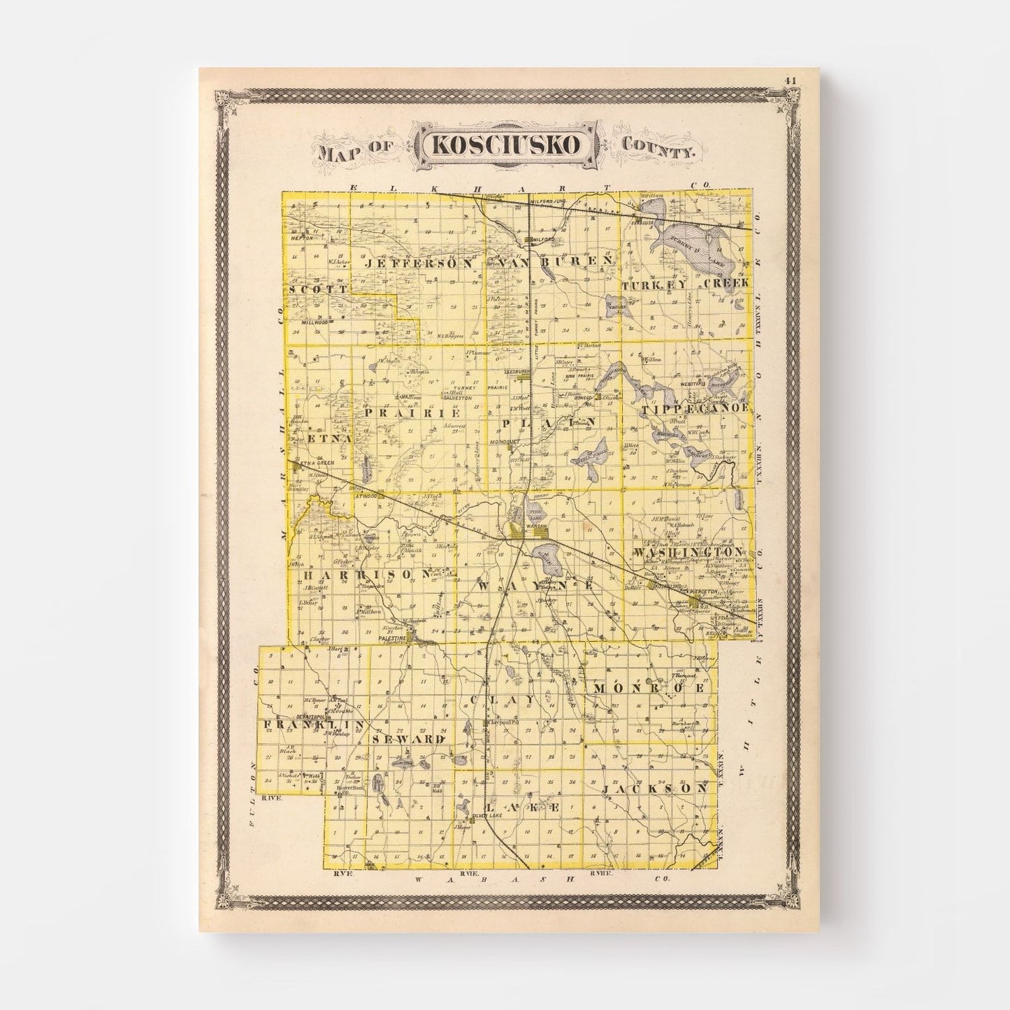 Vintage Map of Kosciusko County, Indiana, 1876