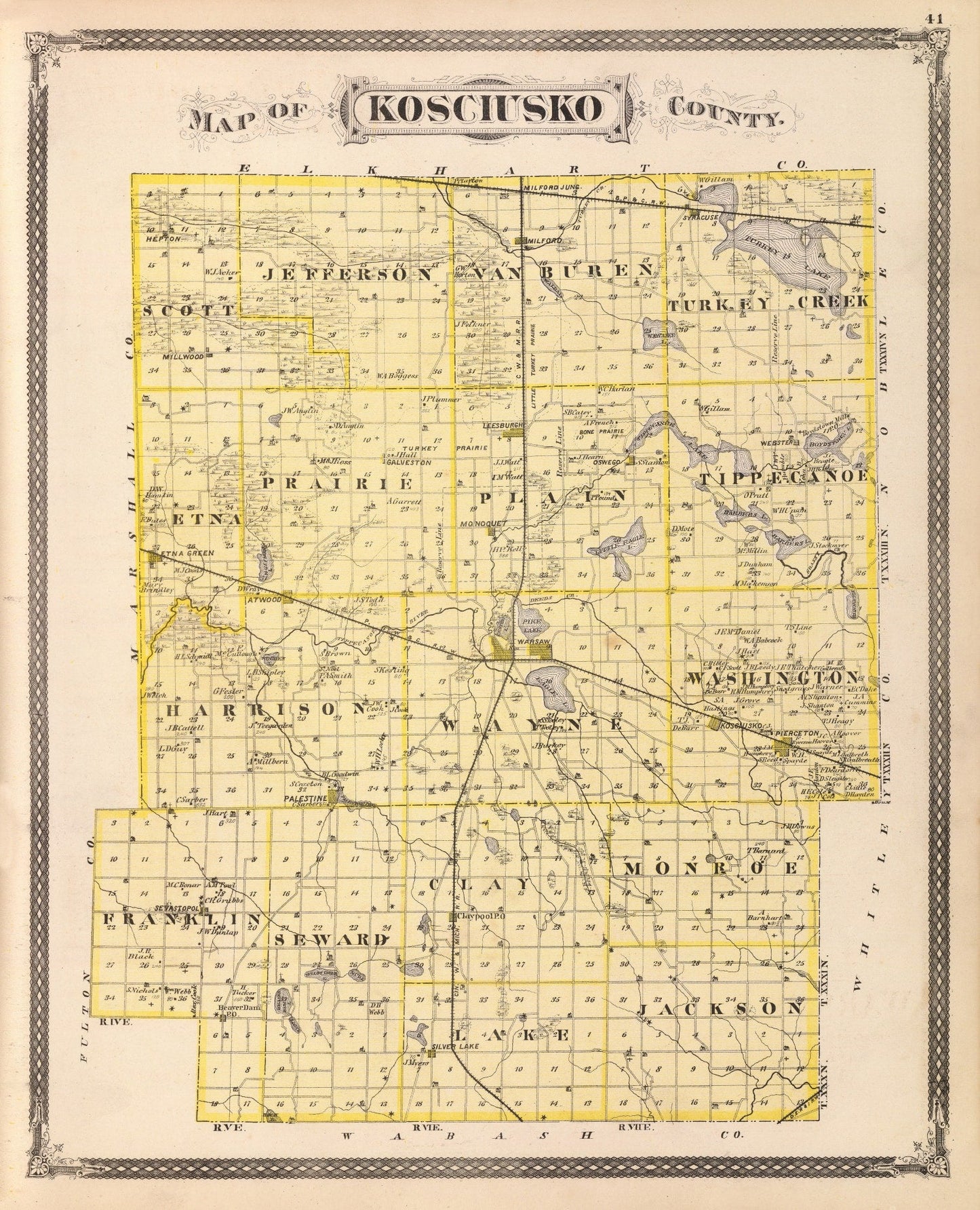 Vintage Map of Kosciusko County, Indiana, 1876