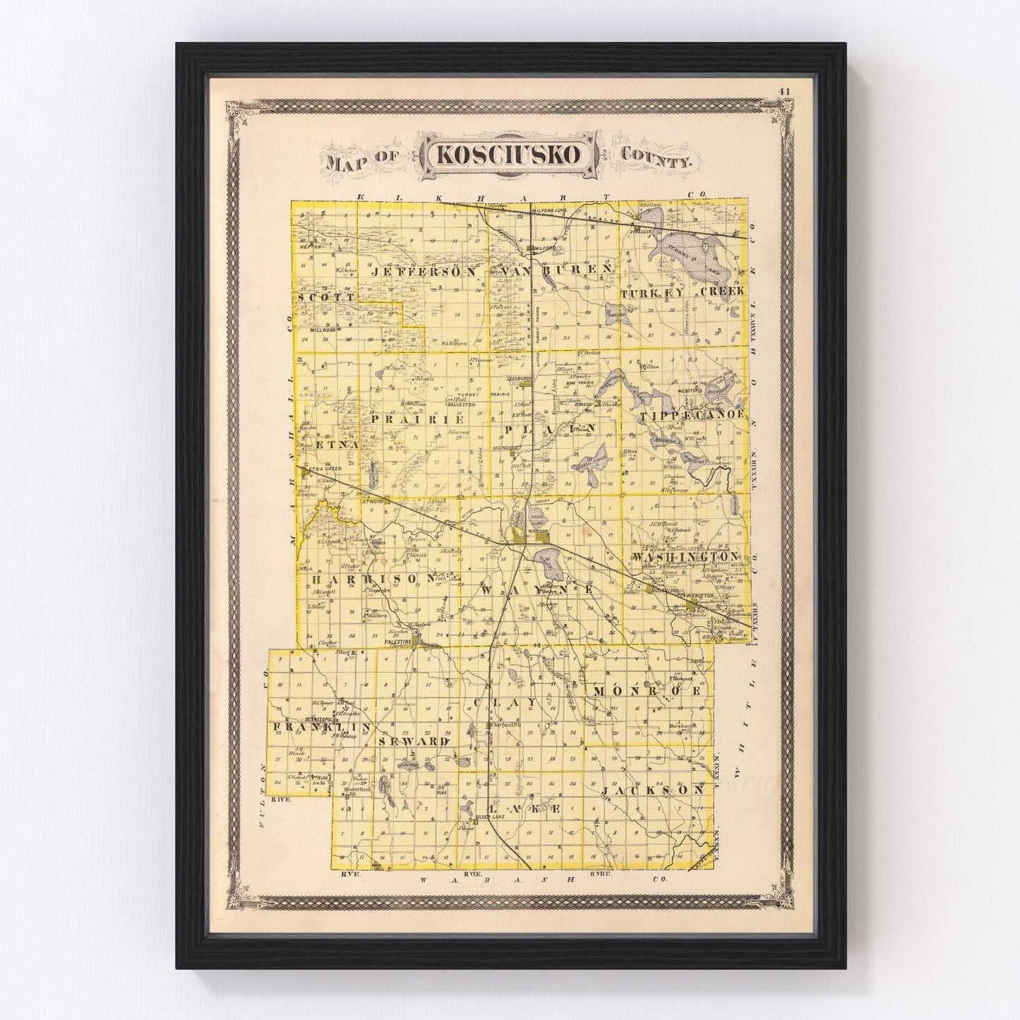 vintage map of Kosciusko County, Indiana, 1876