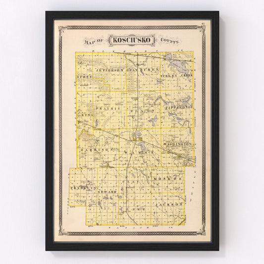 vintage map of Kosciusko County, Indiana, 1876