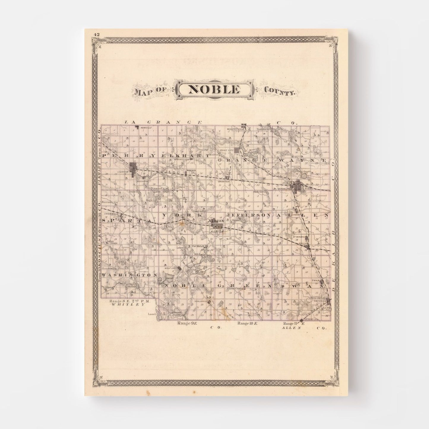 Vintage Map of Noble County, Indiana, 1876